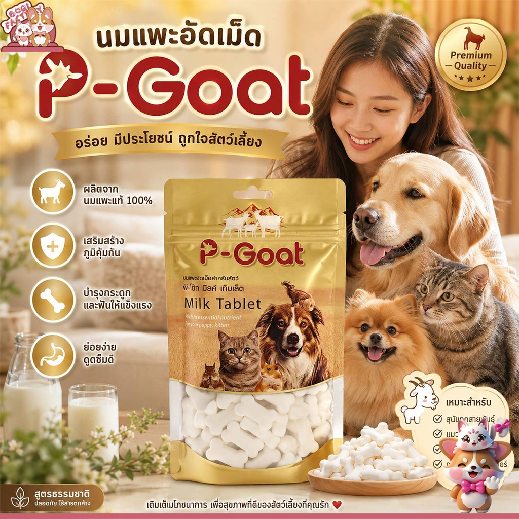 Boqi Factory พี-โก๊ท นมแพะอัดเม็ดแท้ 100% เหมาะสำหรับสัตว์เลี้ยงทุกประเภท P-Goat