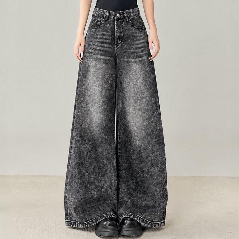 #777-1 (XS-9XL) jinjeans สีดำฟอกสโนว์ กางเกงยีนส์ขากระบอกใหญ่ baggy jeans