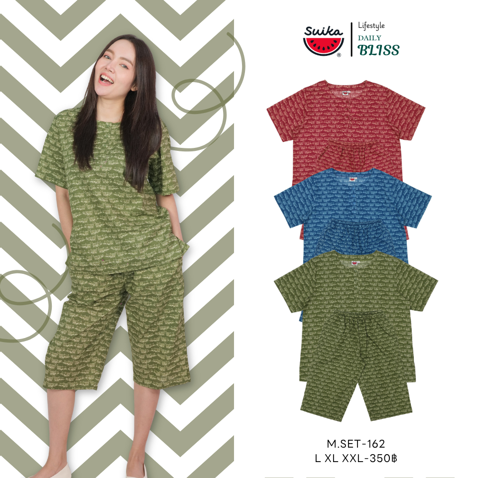 เสื้อแตงโม (SUIKA) - เซ็ทชุดนอนผ้าป่านมัสลินเสื้อคู่กางเกง ลายดอกไม้ / กราฟฟิค ( M.SET-162 338 309  )