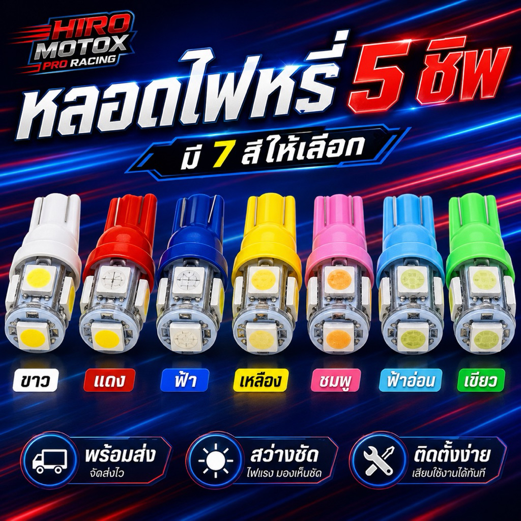 หลอดไฟหรี่ T-10 LED 5 ชิพ ชุดละ 1 คู่ (จัดส่งไวสินค้าส่งจากในประเทศไทย)
