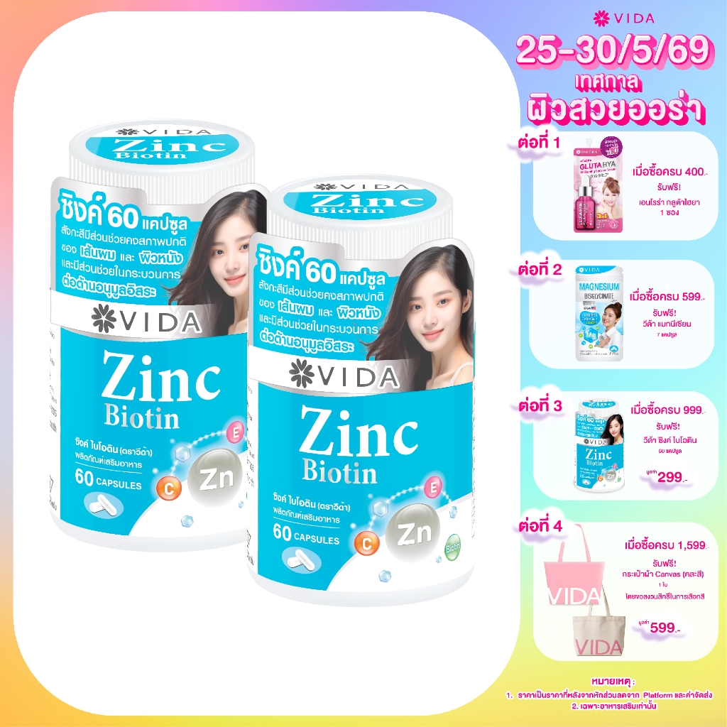 [Set] VIDA ZINC BIOTIN 60 Capsules 2 Jar.(วีด้า ซิงค์ ไบโอติน 60แคปซูล 2 กระปุก )