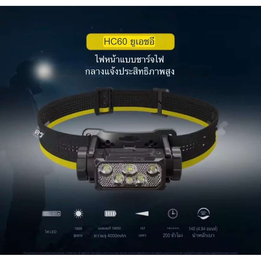 ของแท้100% HC60 UHE 1600Lumens ไฟหน้ากลางแจ้งแบบชาร์จไฟได้ประสิทธิภาพสูงพร้อมแบตเตอรี่ Li-ion 18650 