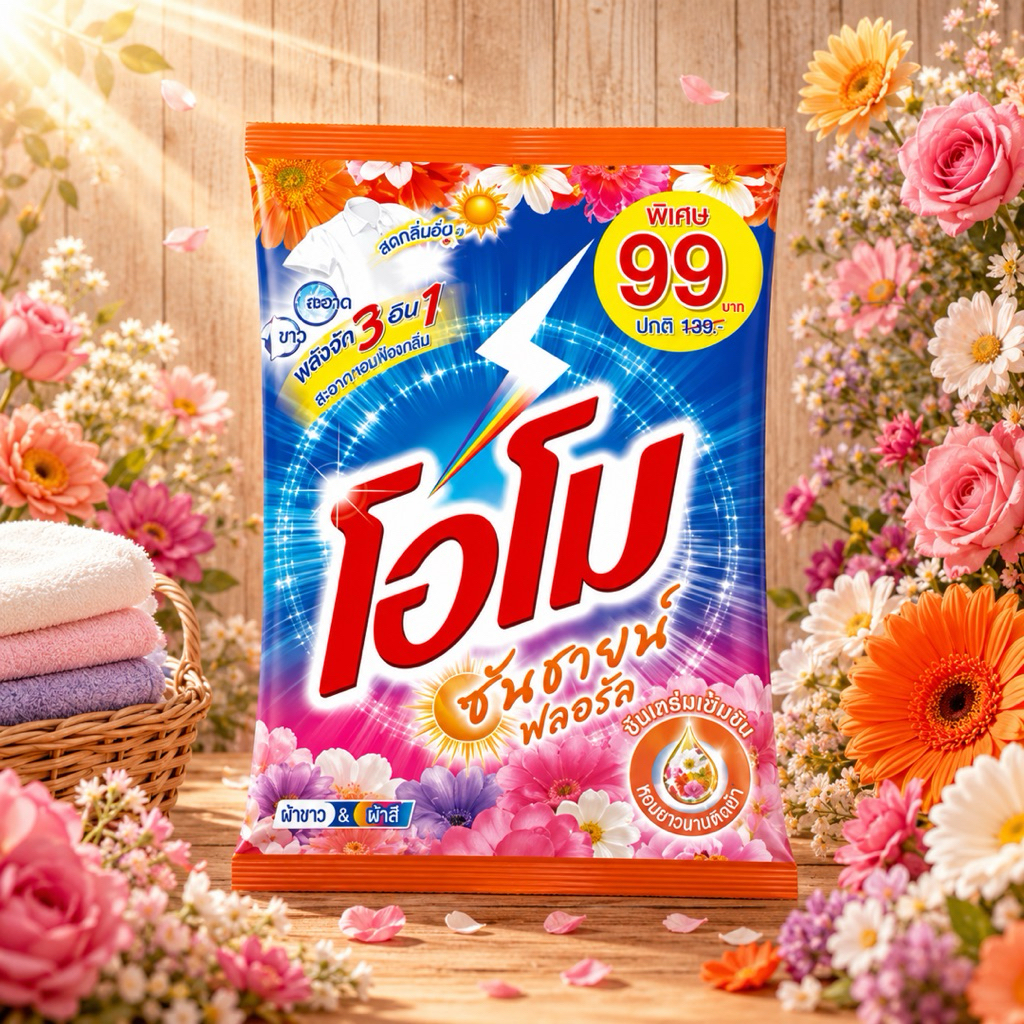 โอโมซักผ้าซันไชน์ 2,600g. ราคา 110 บาท