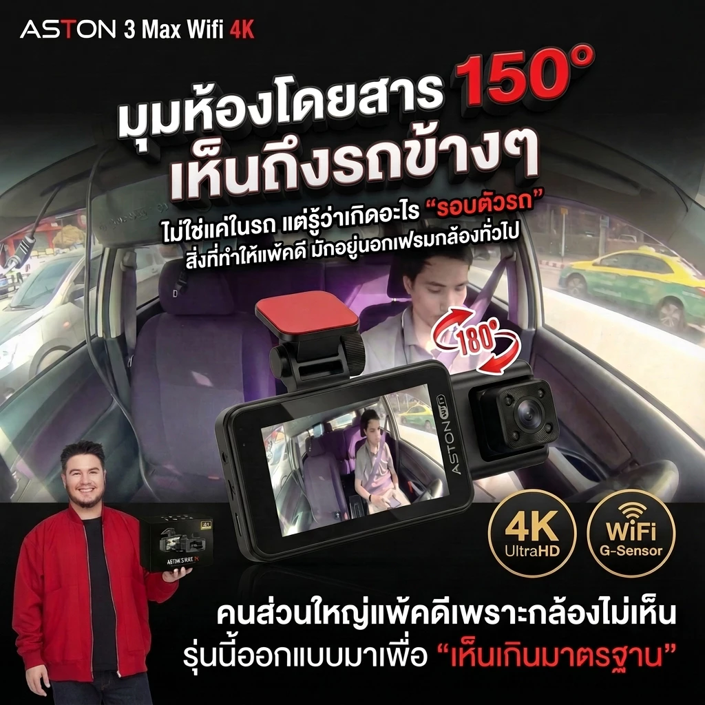 [3กล้อง4K] Aston 3 Max 4K กล้องติดรถยนต์ 3 กล้อง ความชัด4K หน้า-กลัง-ห้องโดยสาร บันทึกขณะจอด บันทึกวนซ้ำ  รับประกัน 1 ปี thumbnail 4