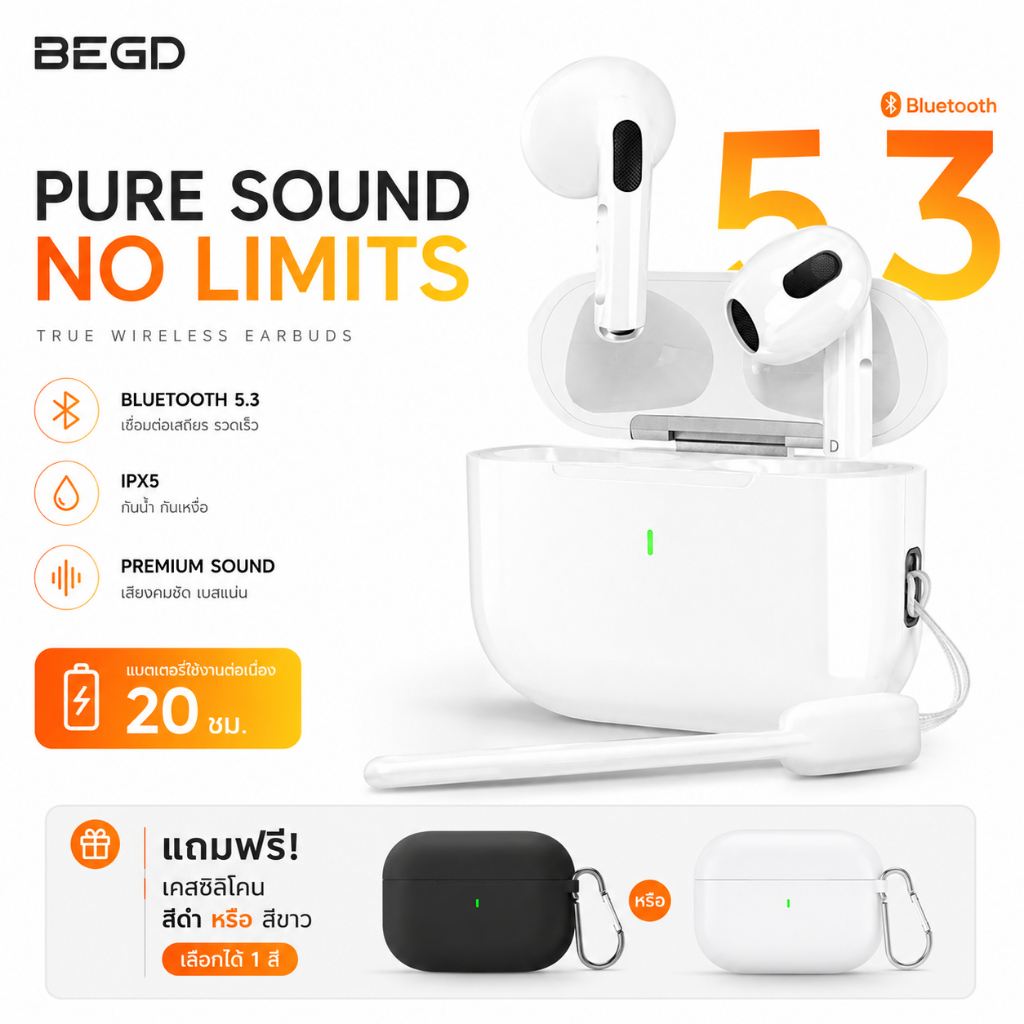 BEGD (รับประกัน 1 ปี+ของแถม) หูฟังไร้สาย A6 Pro หูฟัง Bluetooth หูฟังบลูทูธ 5.3 พร้อมไมโครโฟนในตัว เสียงดี ลดเสียงรบกวน