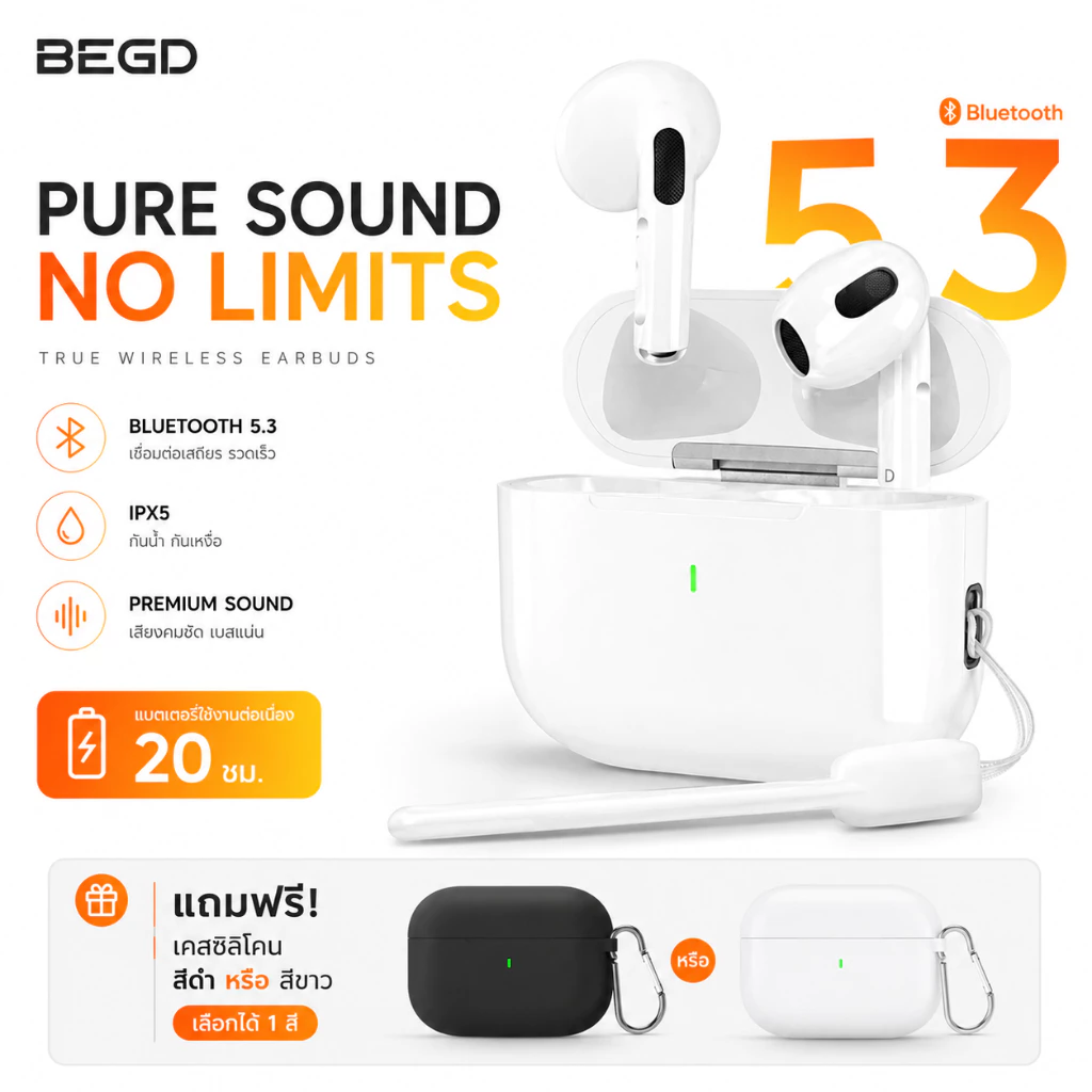 BEGD (รับประกัน 1 ปี+ของแถม) หูฟังไร้สาย A6 Pro หูฟัง Bluetooth หูฟังบลูทูธ 5.3 พร้อมไมโครโฟนในตัว เสียงดี ลดเสียงรบกวน