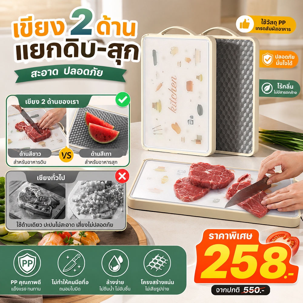 🍴เขียงสแตนเลส🍴 เขียง เขียงอเนกประสงค์ เขียงสองด้าน เขียงเขียงพล ใช้ได้สองด้าน 304สแตนเลส ป้องกันแบคที (pp+ สแตนเลส)