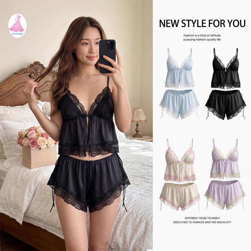 Sexynight💘💘ราคาถูกที่สุด ชุดอยู่บ้าน มีหลายสีให้เลือก คอวีลูกไม้ ชุดนอนผ้าซาติน ชุดสองชิ้น มีขนาด S-L สวมใส่สบาย