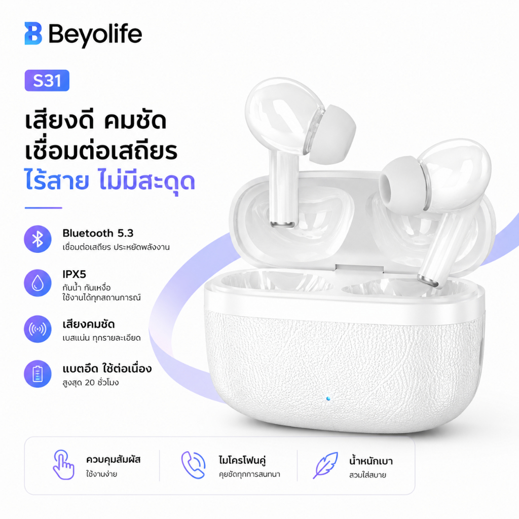 Beyolife （รับประกัน 1）หูฟังไร้สาย S31 หูฟัง Bluetooth หูฟังบลูทูธ 5.3 พร้อมไมโครโฟนในตัว เสียงดี ลดเสียงรบกวน