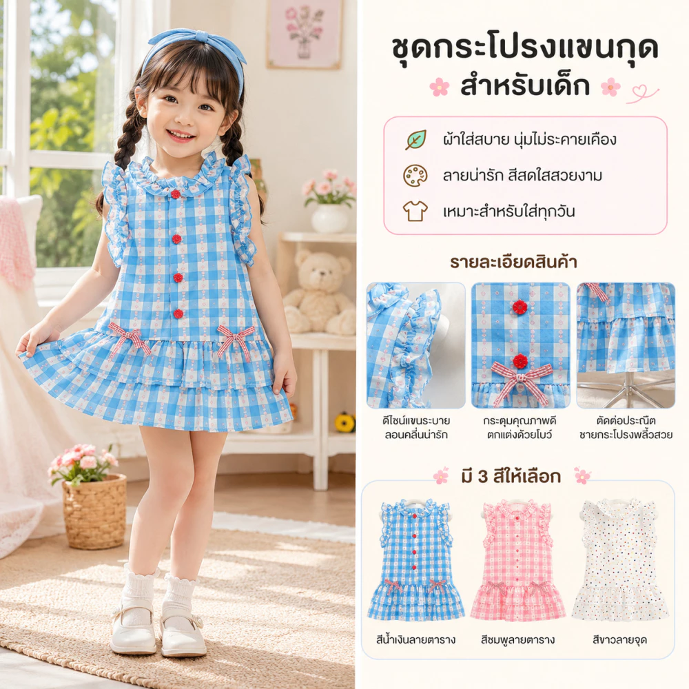 เดรสแขนกุดสำหรับเด็กผู้หญิง มีให้เลือกทั้งลายจุดและลายสก็อต เนื้อผ้าโปร่งสบาย