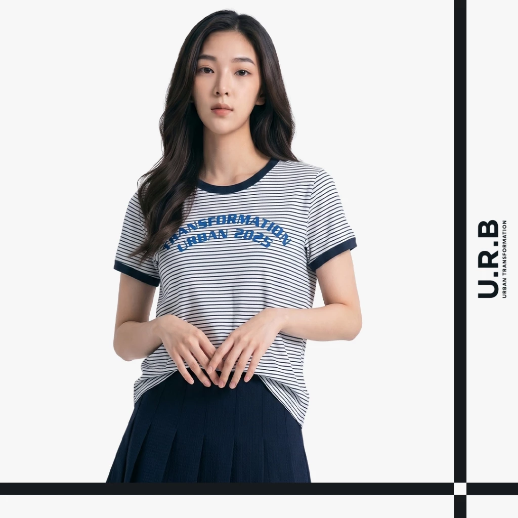 URBAN : WOMEN'S RINGER STRIPED TEE เสื้อยืดคอกลมลายริ้วผู้หญิง รุ่น กุ๊นคอ | แขน 1UTWT1023 สี Navy & Navy