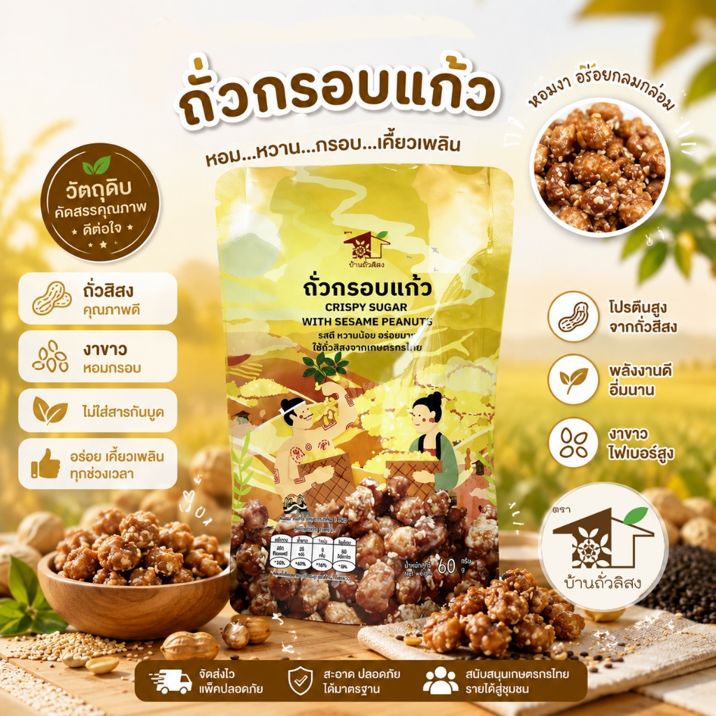 ถั่วกรอบแก้ว 60 กรัม รสดีหวานน้อยอร่อยนาน ถั่วลิสงทานเล่น