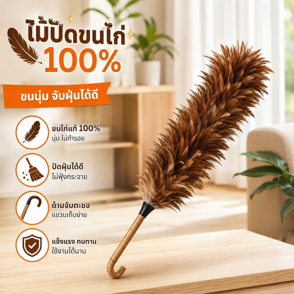 ไม้ปัดฝุ่นขนนก เกรด A ด้ามพลาสติก มีขนาด 70 ซม. 60 ซม. และ 40 ซม. ขนแปรงหนาและฟูและไม่หลุดร่วงง่าย