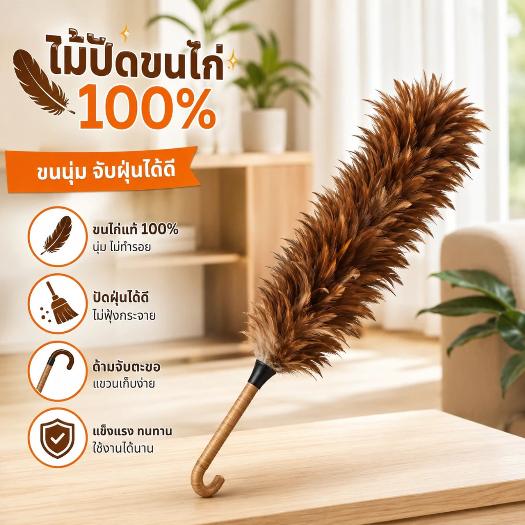 ไม้ปัดฝุ่นขนนก เกรด A ด้ามพลาสติก มีขนาด 70 ซม. 60 ซม. และ 40 ซม. ขนแปรงหนาและฟูและไม่หลุดร่วงง่าย