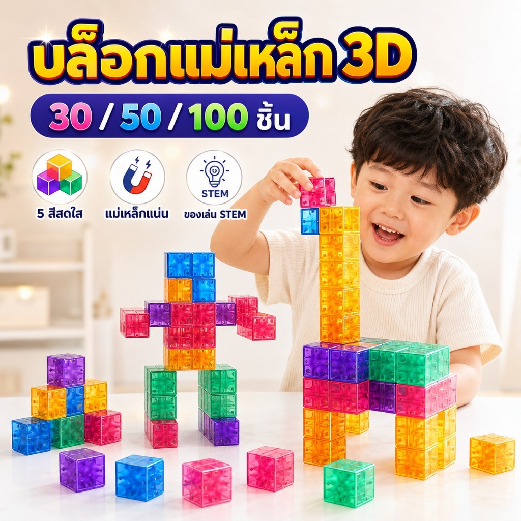 KiKi ตัวต่อแม่เหล็ก 3D ลูกบาศก์ 30/50/100 ชิ้น ของเล่น STEM ฝึกสมองเด็ก ของขวัญเด็ก พร้อมส่ง