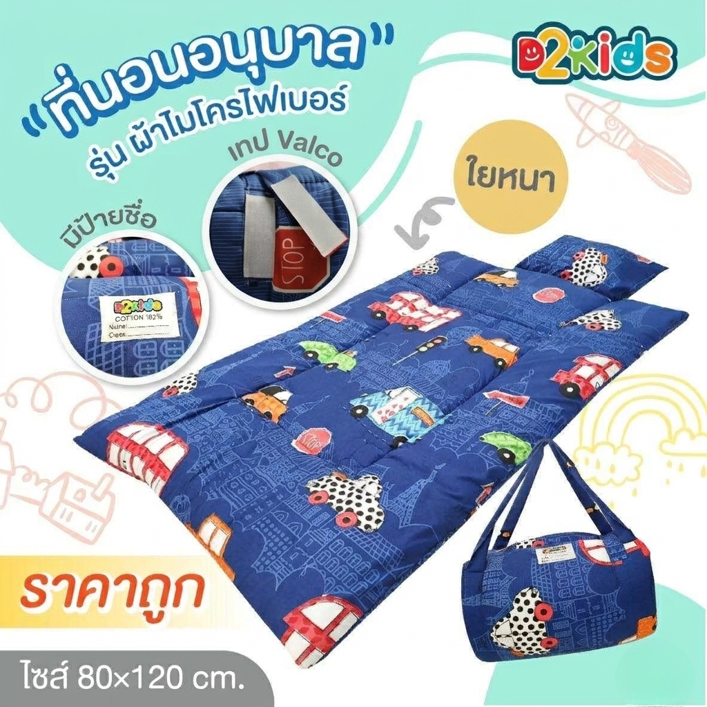 D2kids ที่นอนเด็กอนุบาล รุ่นผ้าไมโครไฟเบอร์ รุ่นใหม่ล่าสุด เป็นเทป valco อย่างดี สามารถพับเก็บเองได้ง่าย