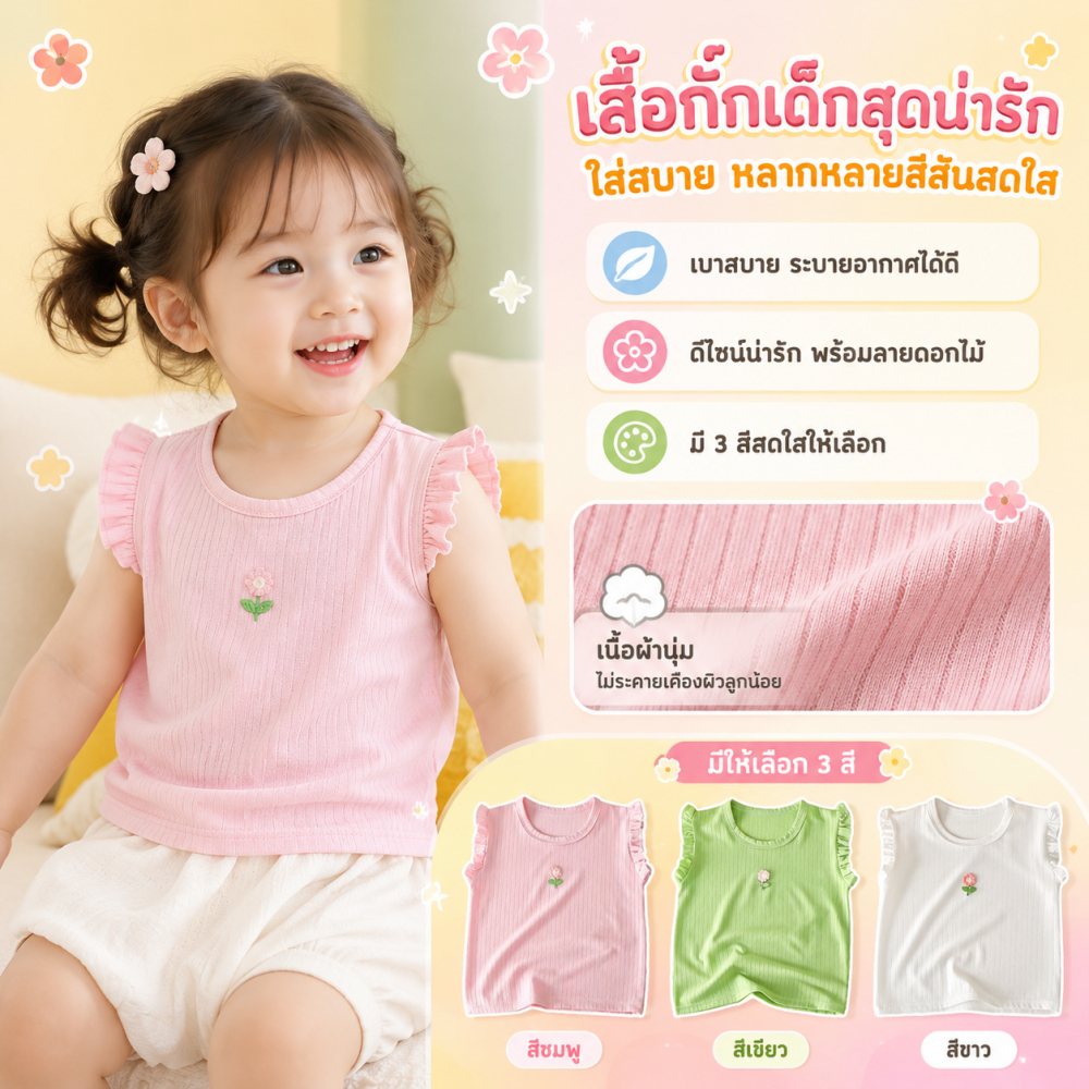 เสื้อกล้ามแขนสั้นสำหรับเด็กหญิงในฤดูร้อน ผ้าไหมไอซ์ซิลค์ สีพื้น 🌸ลายดอกไม้สามมิติ