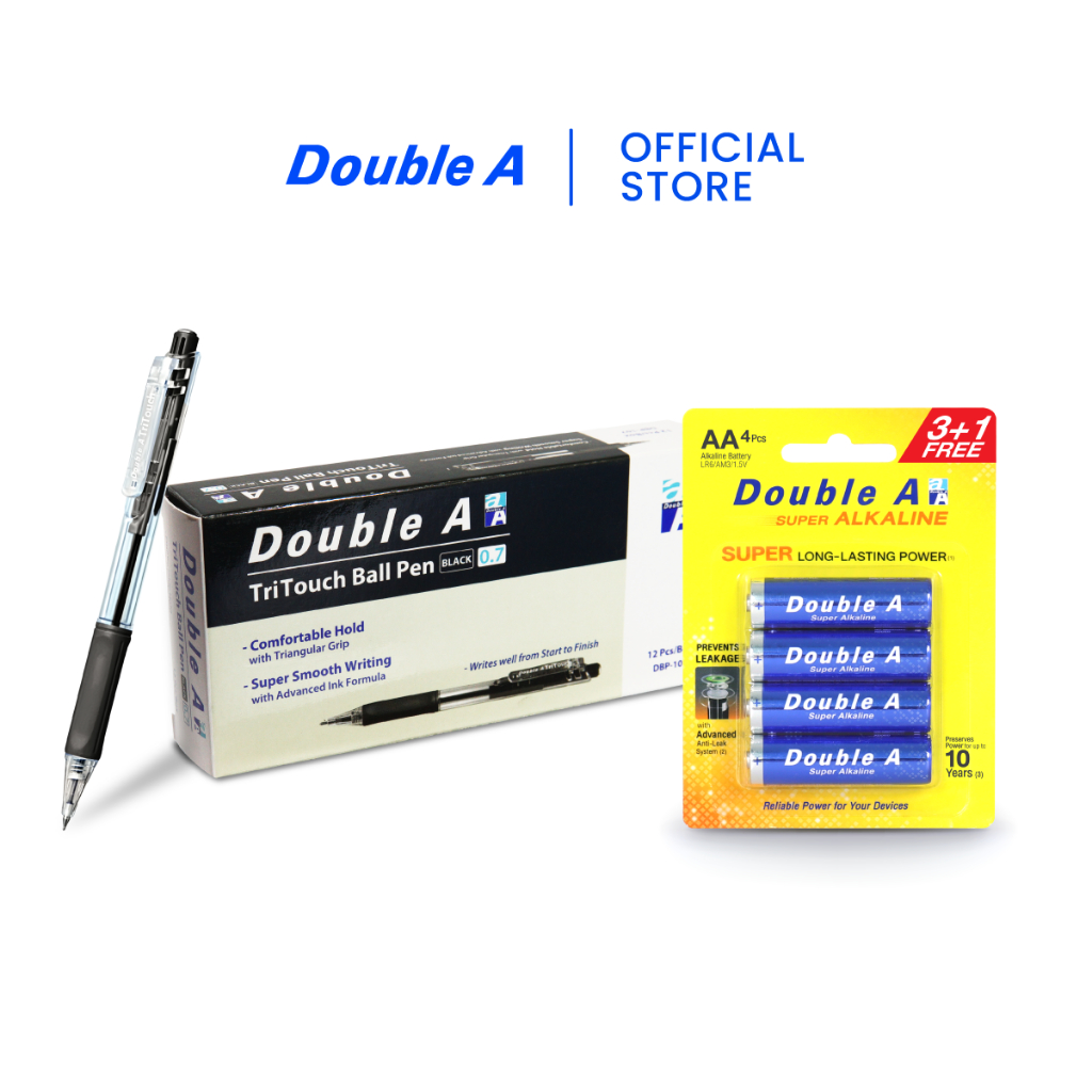 [เซตคู่] Double A TriTouch ปากกาลูกลื่นแบบกด 0.7 มม. หมึกดำ จำหน่าย 12 ด้าม คู่ ถ่านอัลคาไลน์ 3+1 AA 1 แพ็ก