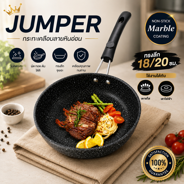 Jumper กระทะเคลือบ หม้อเคลือบ ลายหินอ่อน ไม่ติดกะทะ ทรงลึก 18/20 ซม ผัด ทอด ต้ม ได้ดี กระทะหินอ่อน