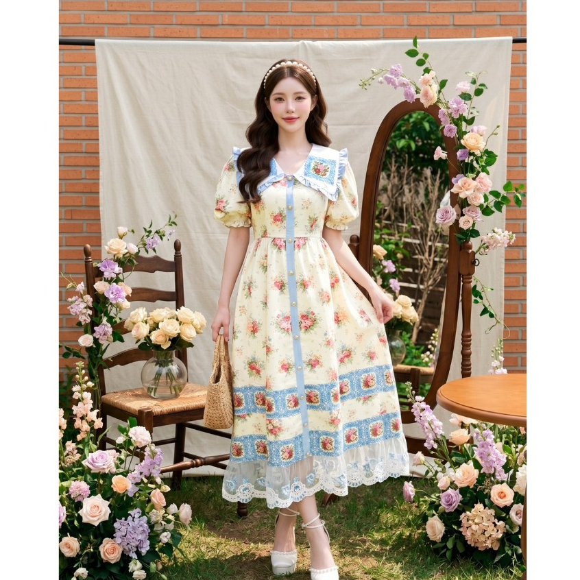 (มี3XL) สีครีมฟ้า Lalin Sky Vintage เดรสยาววินเทจปกงานปัก แต่งกระดุมหน้า แขนสั้น ปลายกระโปรงปต่งลูกไม้ ซิปหลัง มีซับใน