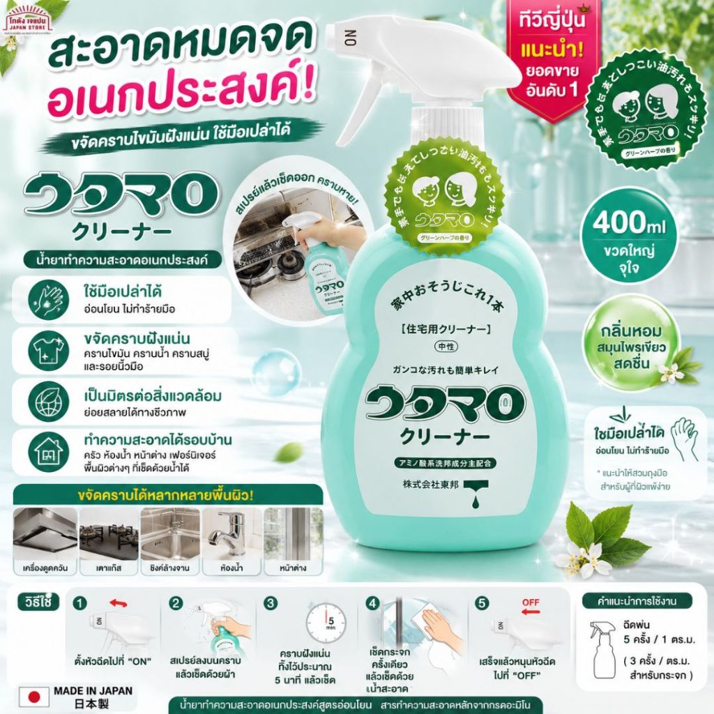 สเปรย์ น้ำยา ทำความสะอาด อเนกประสงค์ Toho Utamaro Cleaner ขจัดคราบน้ำมัน คราบน้ำ คราบน้ำร้อน เป็นมิต