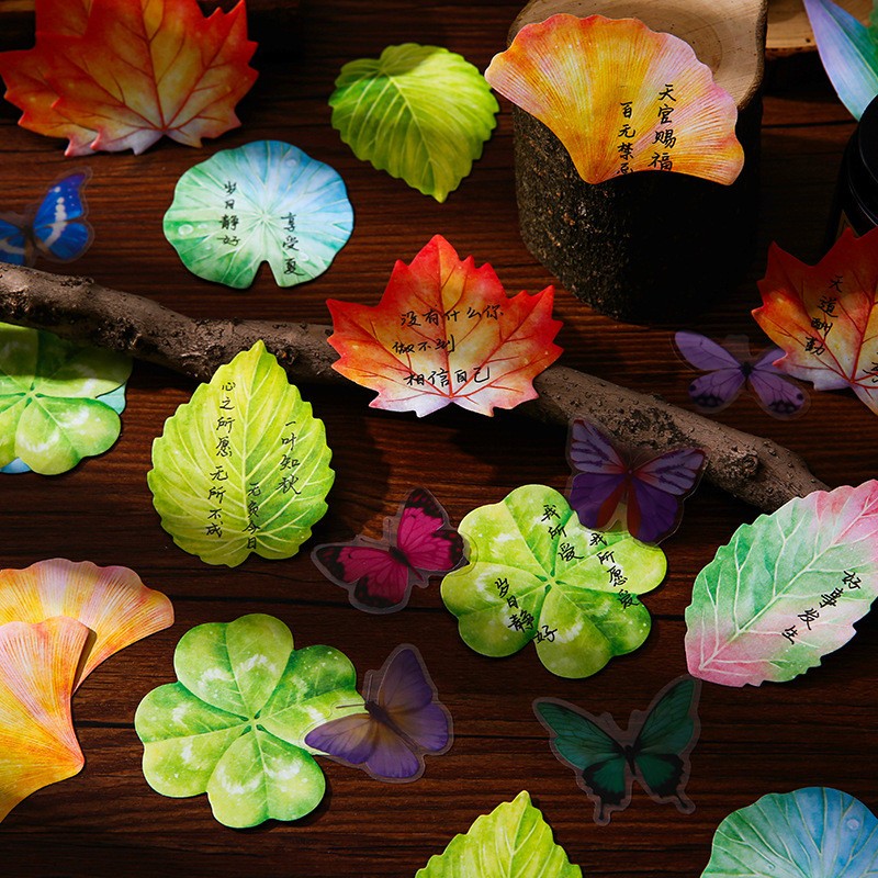 [พร้อมส่ง] 30 แผ่น กระดาษโน๊ต มีกาวลาย ใบไม้ เมเปิ้ล ไผ่ บัว โคลเวอร์ เชอรี่ Maple Lotus Clover Leaf Sticky Note Paper