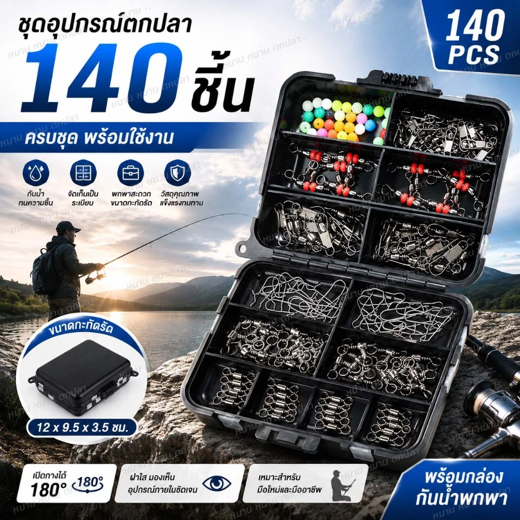 ชุดอุปกรณ์ตกปลา 140 ชิ้น พร้อมกล่องเก็บ Fishing Tackle Kit ลูกหมุน สแน็ป ลูกปัด ครบชุด พกพาสะดวก