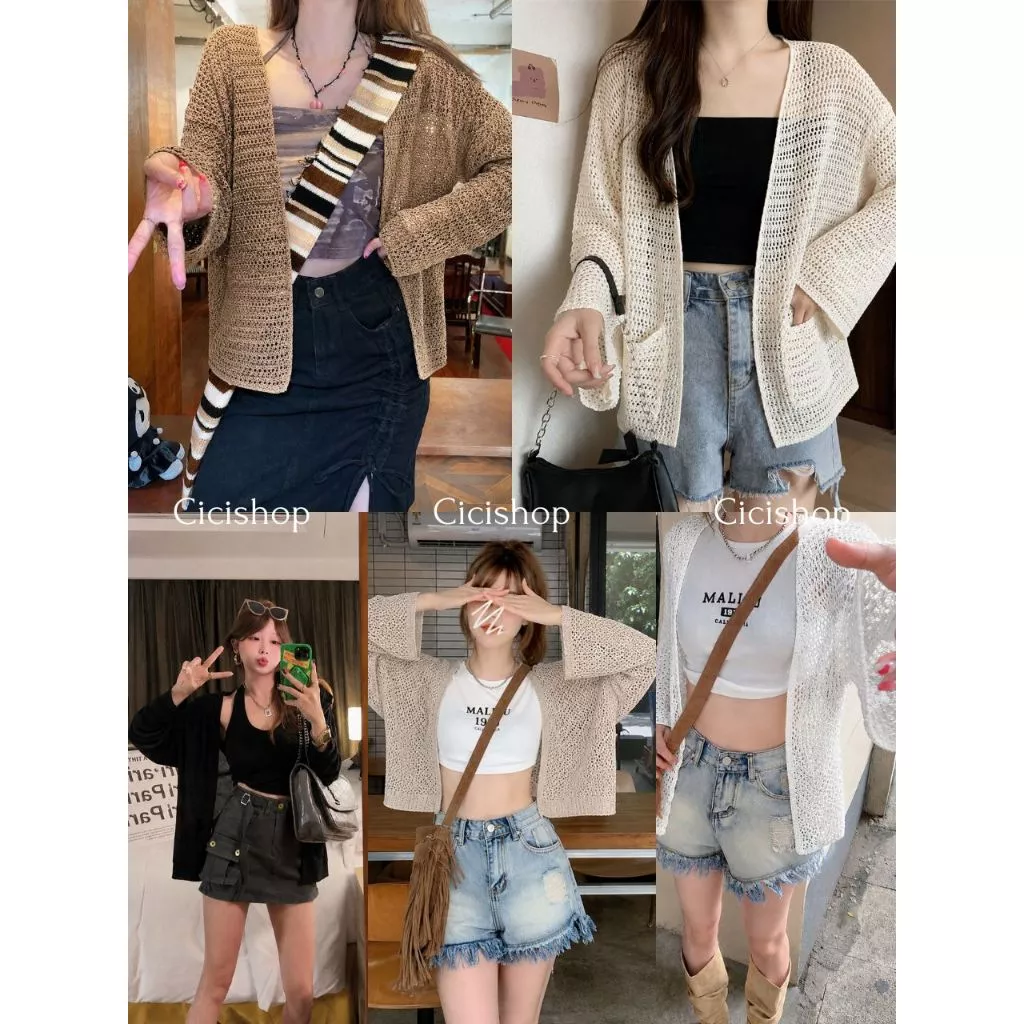 Cicishop(1100) เสื้อคลุมแขนยาว ผ้าตาข่าย แต่งดีเทลกระเป๋าหน้าสองข้างใช้งานได้จริง