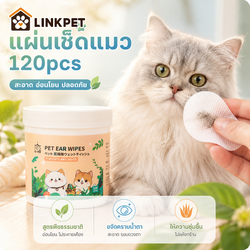 ที่เช็ดตาแมว น้ํายาเช็ดหูแมว ลูกสุนัขของใช้สุนัข 120ชิ้น แมว สุนัขเนื้อเยื่อเปียก สูตรพืธรรมชาติ