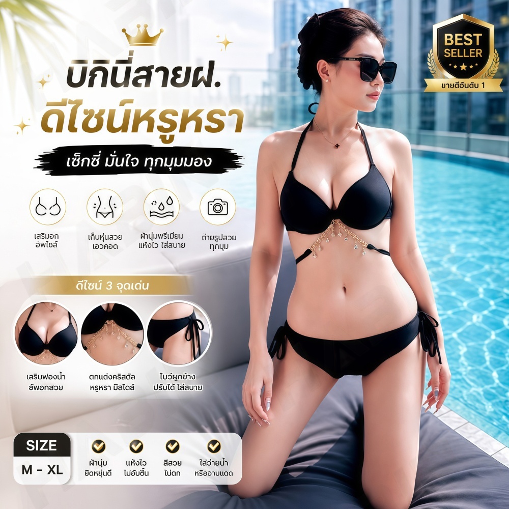 A04-ชุดว่ายน้ำผู้หญิง Bikini Set ชุดว่ายน้ำบิกินี่ Set3pcs. ปรับสายได้ พร้อมผ้าผูกสะโพกซีทรูเข้าเซต🌻พร้อมส่ง🌻