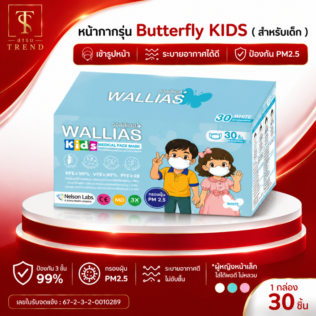 WALLIAS หน้ากากอนามัยทางการแพทย์ เด็ก KIDS Butterfly Medical Face Mask มาตรฐาน BFE/VFE/PFE>99% กรอง VIRUS และ Bacterial