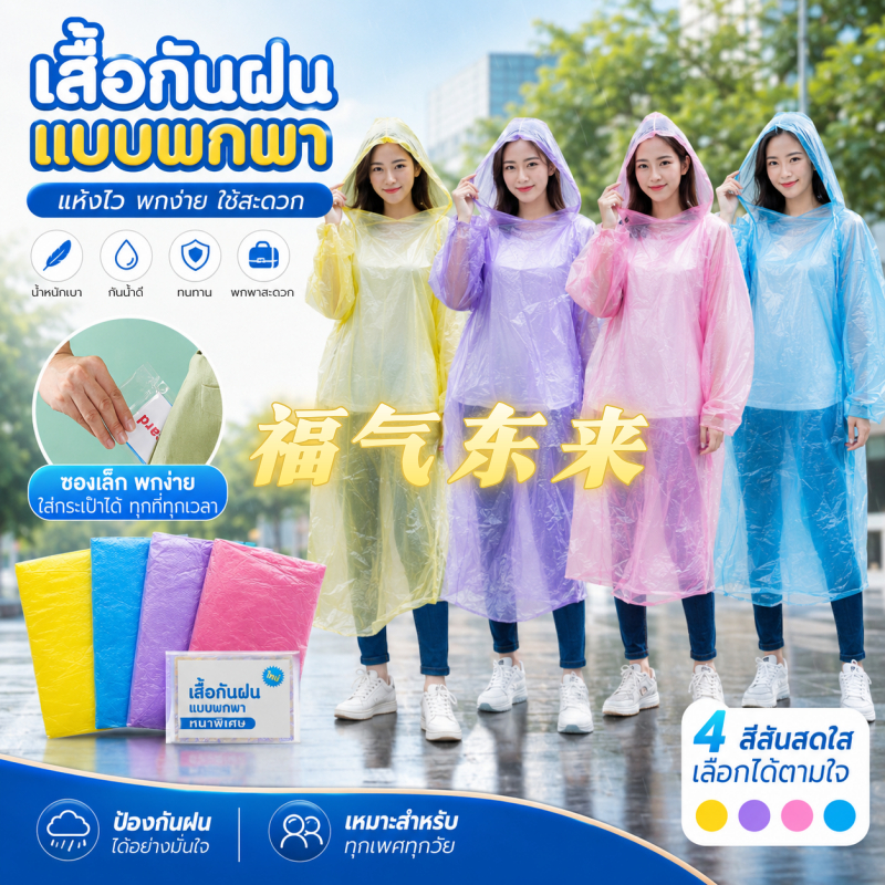 เสื้อกันฝนแบบใช้แล้วทิ้ง ผู้ใหญ่ ใส่ได้ทุกไซส์ น้ำหนักเบา พับเล็ก พกใส่กระเป๋า ฉุกเฉินเมื่อไหร่ก็พร้อม