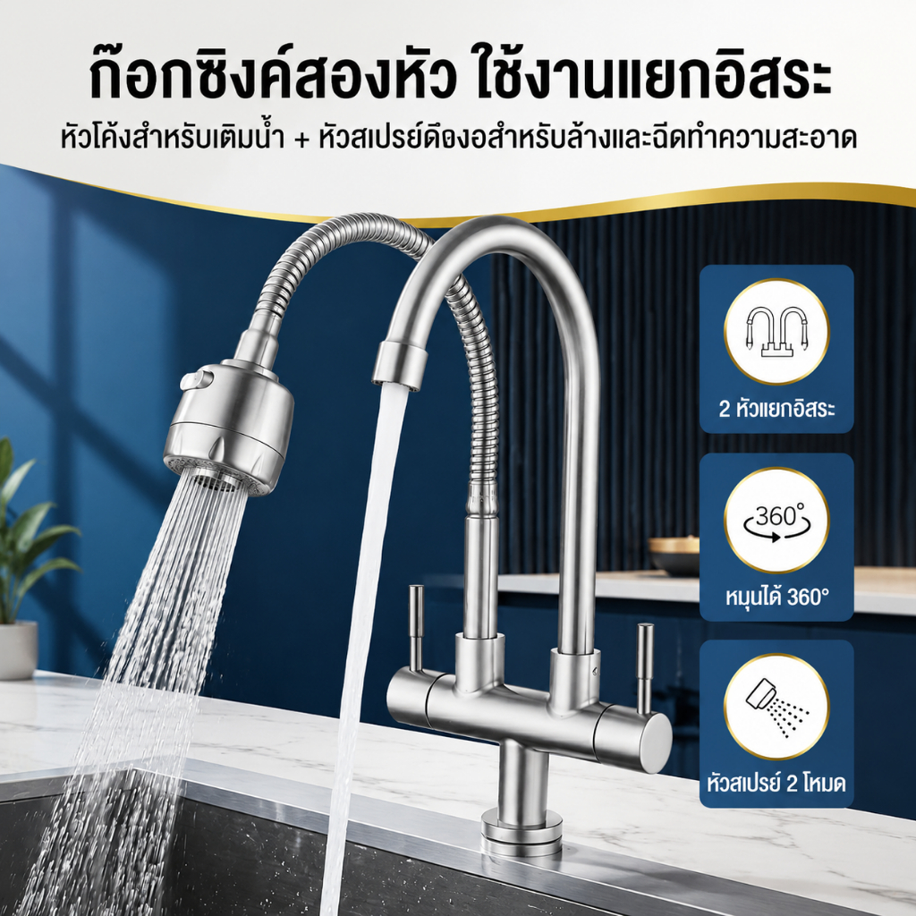 360° สแตนเลส ก๊อกน้ำ 2 in 1 วาล์วเซรามิก ก๊อกน้ําอ่างล้างจาน ก๊อกน้ำอ่างล้างหน้า ก๊อกน้ำซิงค์