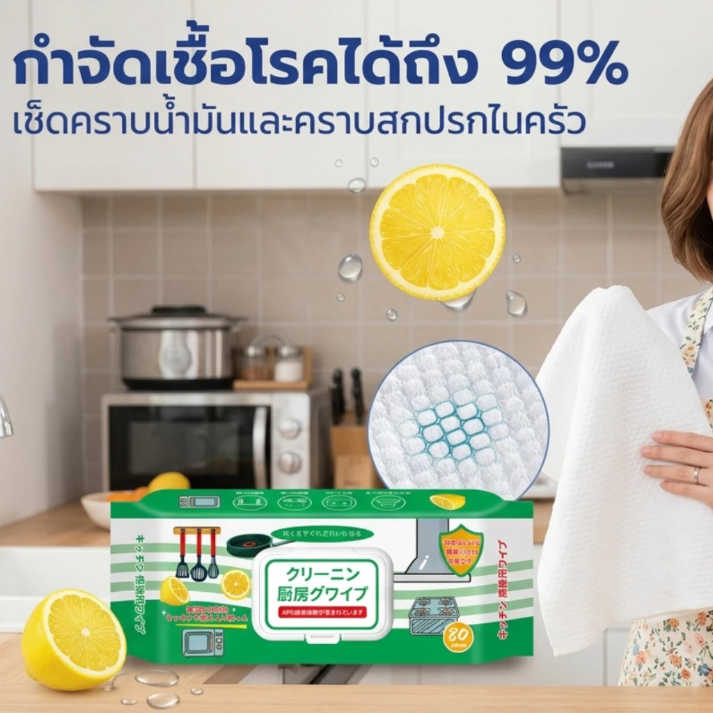 【1ห่อใหญ่】ทิชชู่เปียกเช็ดในครัว ทำความสะอาด ใช้แล้วทิ้ง 80แผ่น/เเพ็ค กลิ่นเลมอน ขจัดคราบสกปรก thumbnail 5