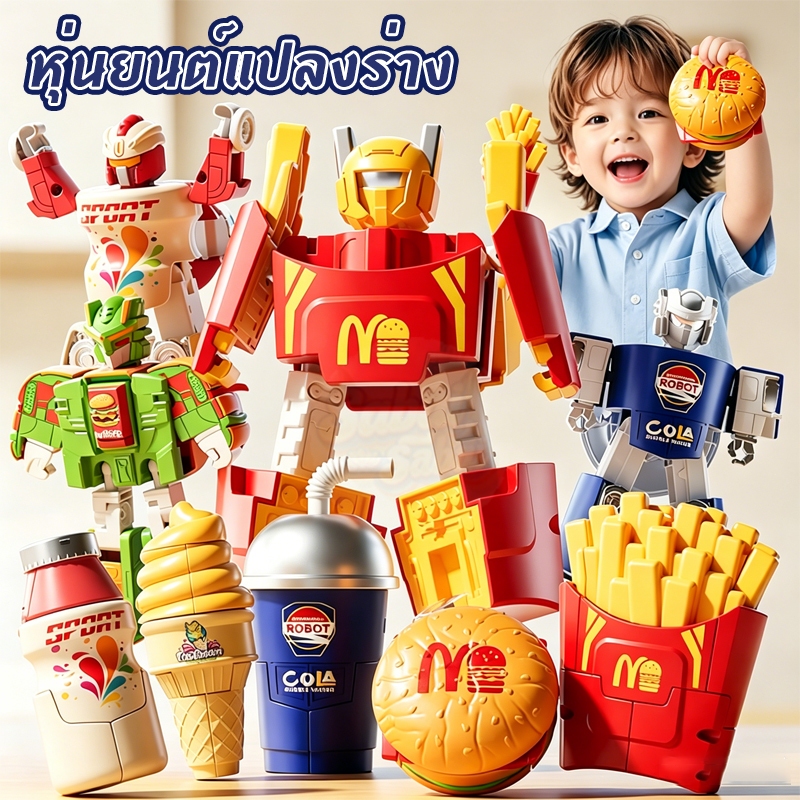 ของเล่นหุ่นยนต์แปลงร่าง หุ่นยนต์แปลงร่าง ขนาดมินิสำหรับเด็ก จำลองไอศกรีม-เฟรนช์ฟรายส์-แฮมเบอร์เกอร์