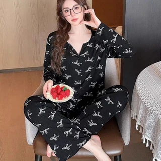 women clothes ชุดนอน ชุดเซ็ท สไตล์เกาหลี พิมพ์พร้อมโบว์ นุ่มและสบาย พร้อมส่งจากไทย