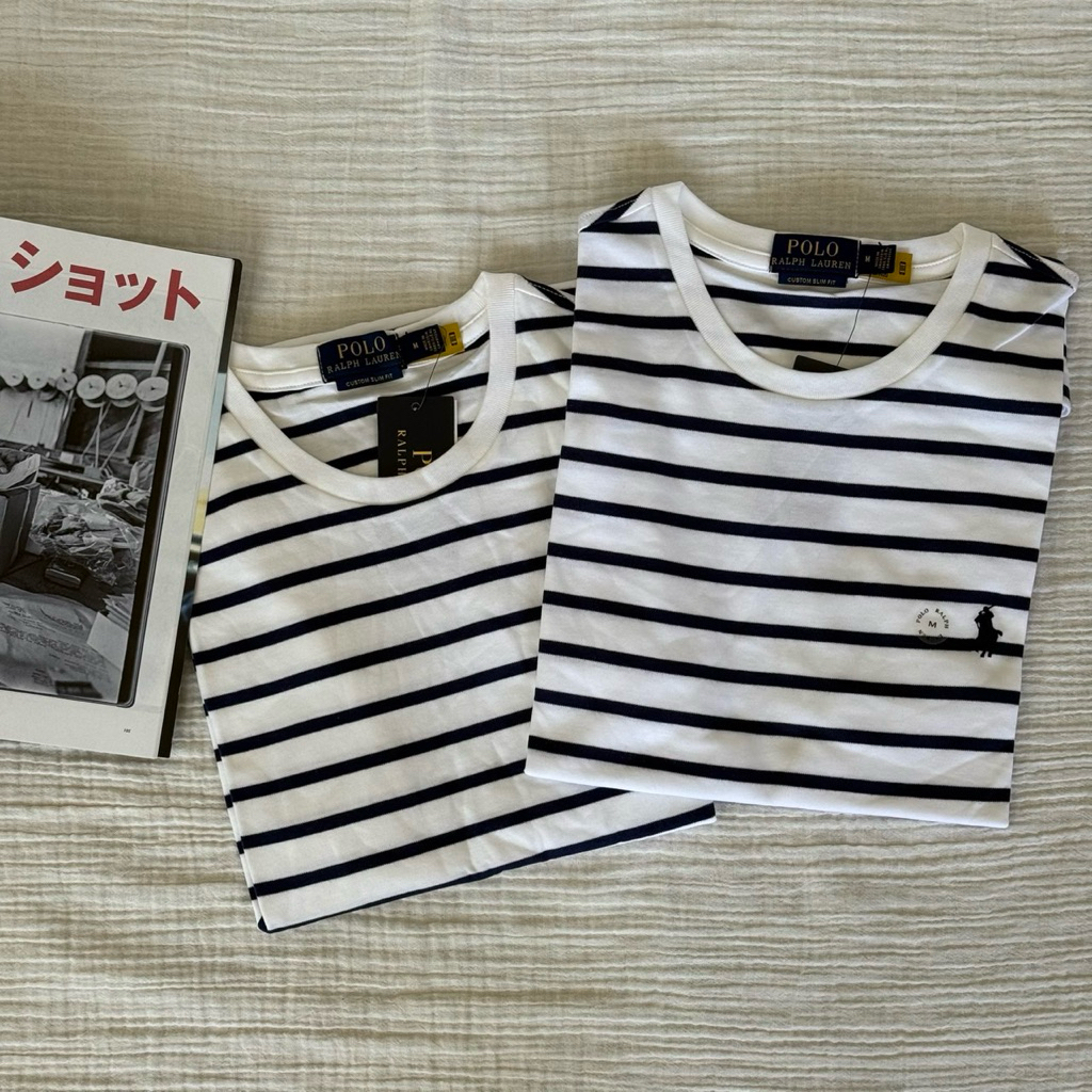เสื้อคอกลมลายขวาง 🌰 Custom Slim Fit T-Shirt White/Refined Navy