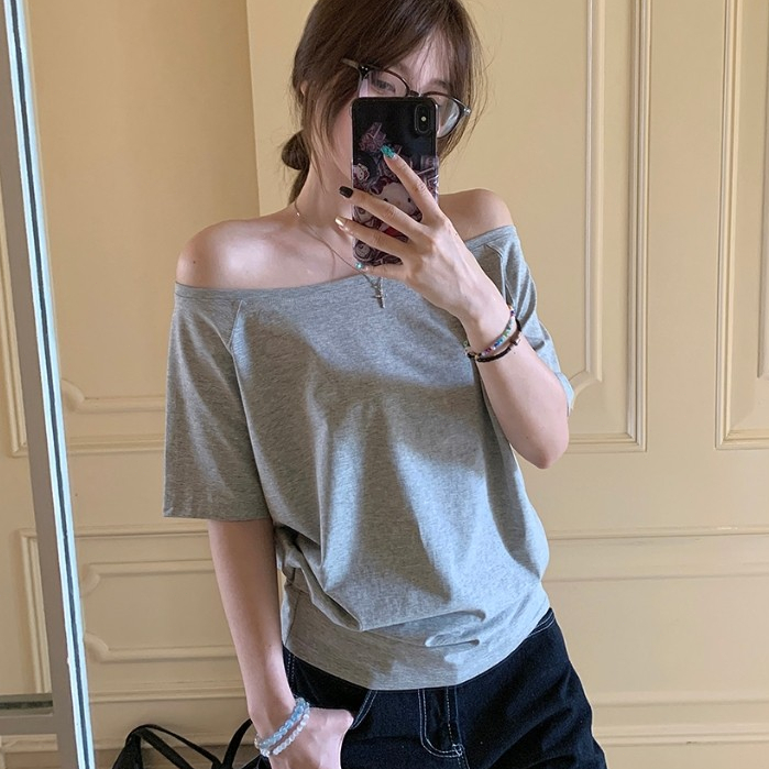 เสื้อยืดเปิดไหล่ สไตล์เกาหลี ผ้าคอตอน ทรงหลวม ใส่สบาย เสื้อยืดแขนสั้นผู้หญิง FZ056