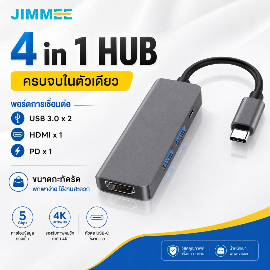 JIMMEE USB-C HUB 4 in 1 อะแดปเตอร์ Type-C to HDMI 4K / USB 3.0 / PD สำหรับต่อจอ โปรเจคเตอร์ มือถือ โน้ตบุ๊ก MacBook