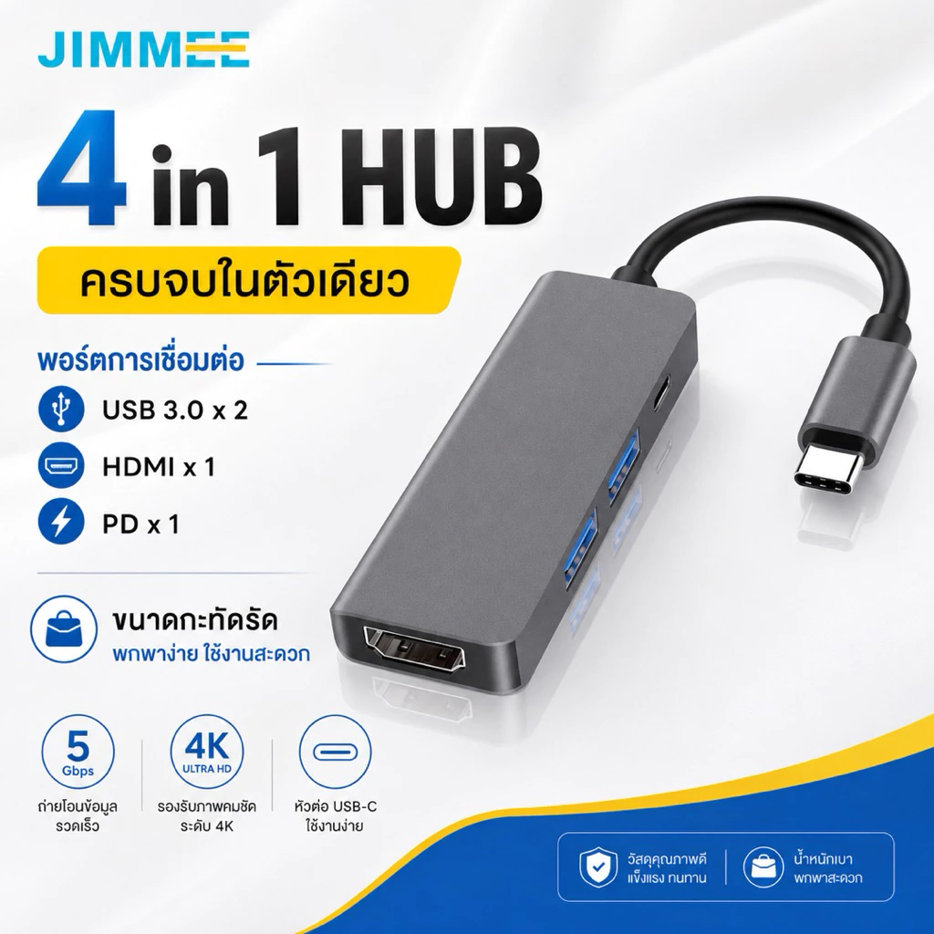 JIMMEE USB-C HUB 4 in 1 อะแดปเตอร์ Type-C to HDMI 4K / USB 3.0 / PD สำหรับต่อจอ โปรเจคเตอร์ มือถือ โน้ตบุ๊ก MacBook