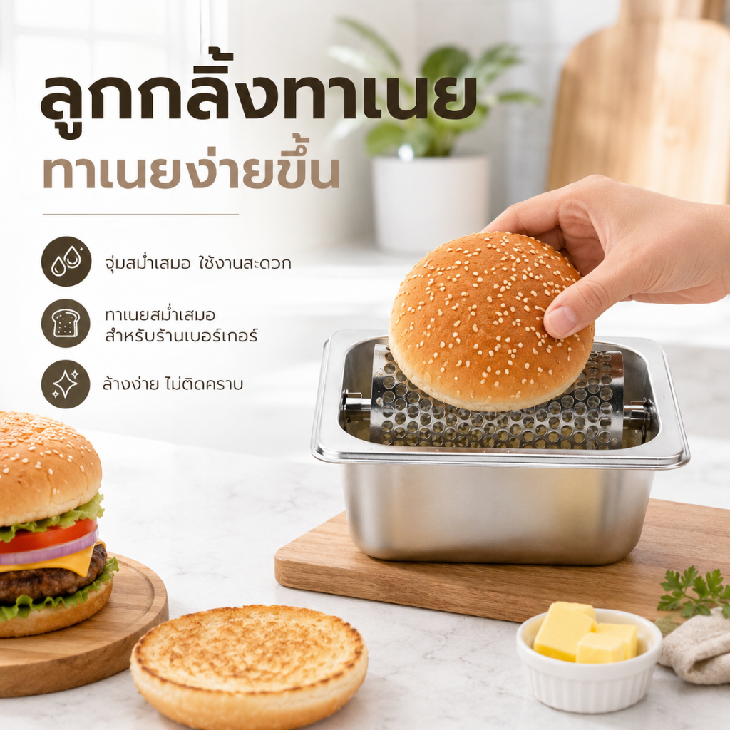 เครื่องทาเนยสแตนเลส ลูกกลิ้งทาเนย ถังทาเนย สำหรับปิ้งขนมปัง ร้านเบอร์เกอร์ ร้านเบเกอรี่ อุปกรณ์ร้านอาหาร