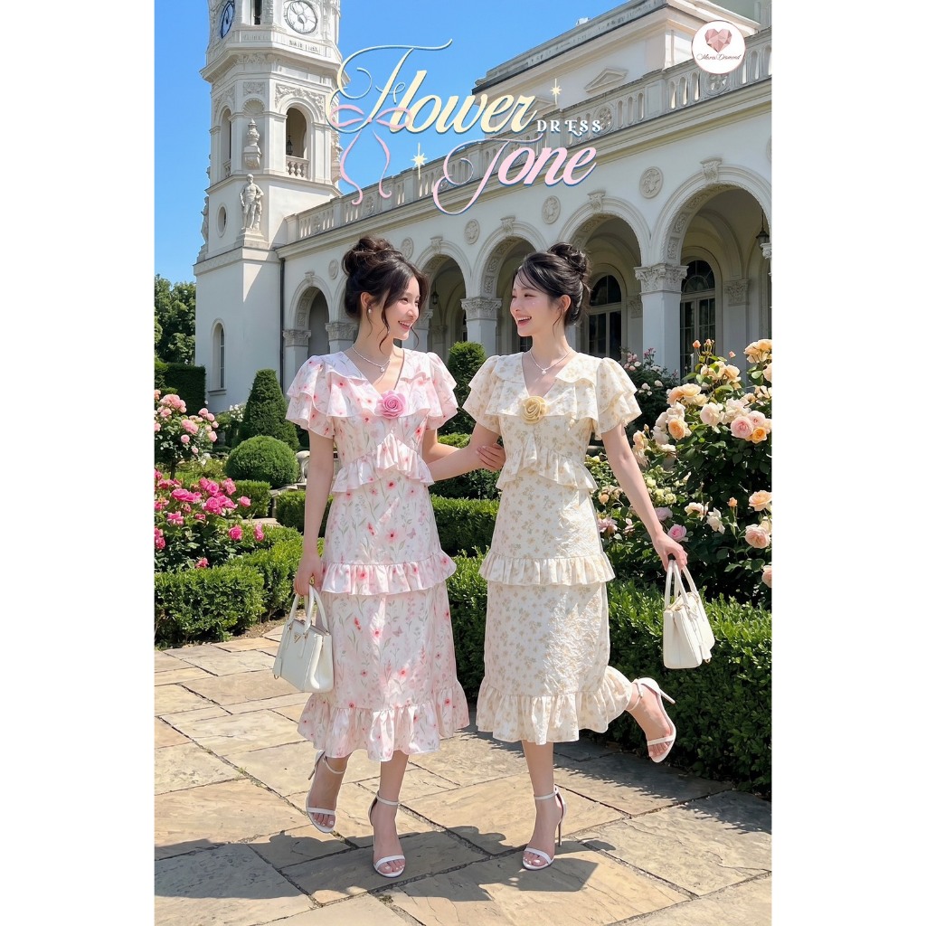 (มี3XL) Flower Tone Dress เดรสผ้าคอตตอนพิมพ์ลายผ้ามี Texture ทรงสวยแต่งระบาย + เข็มกลัดกลางอก ซิปหลัง มีซับใน