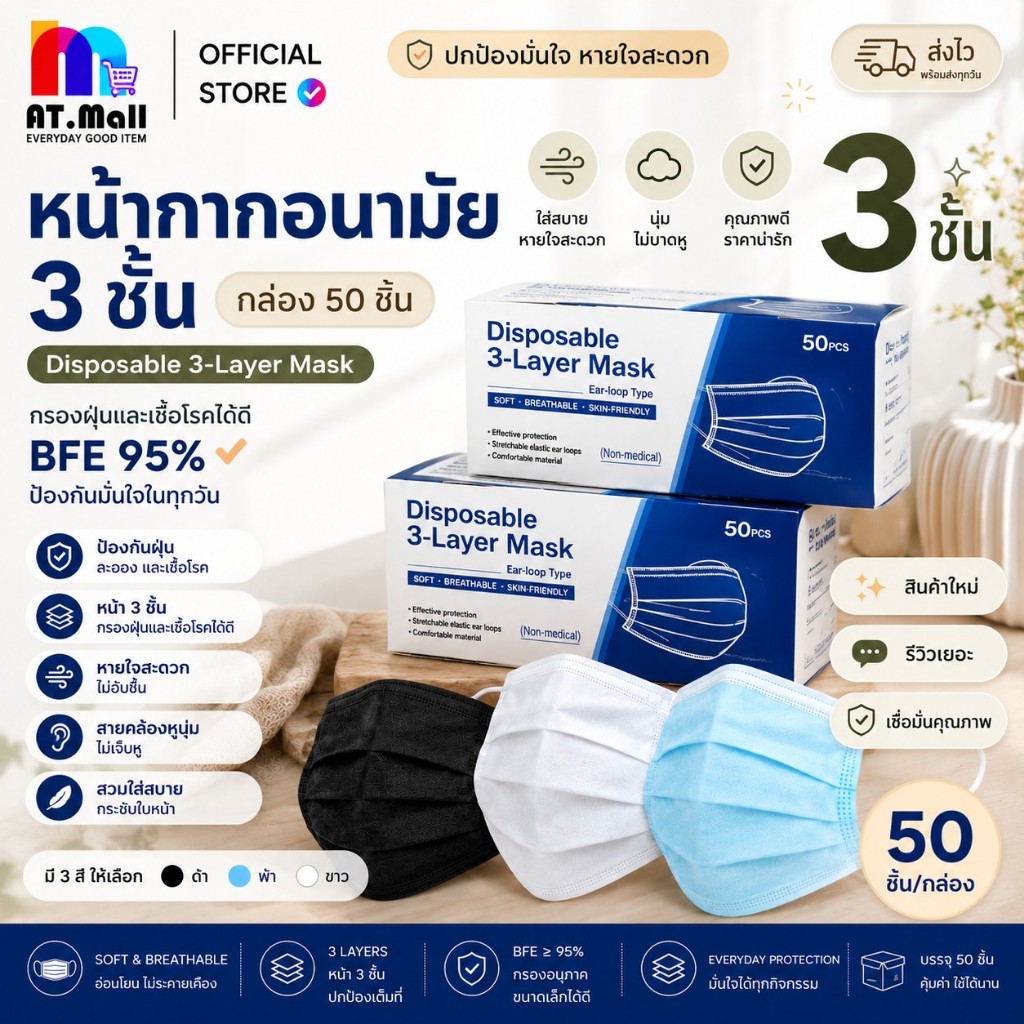 AT.MALL หน้ากากอนามัย (ผ้า Meltblown) | หน้ากาก 3 ชั้น ป้องกันมลภาวะ | นุ่มสบาย ไม่ระคายเคือง