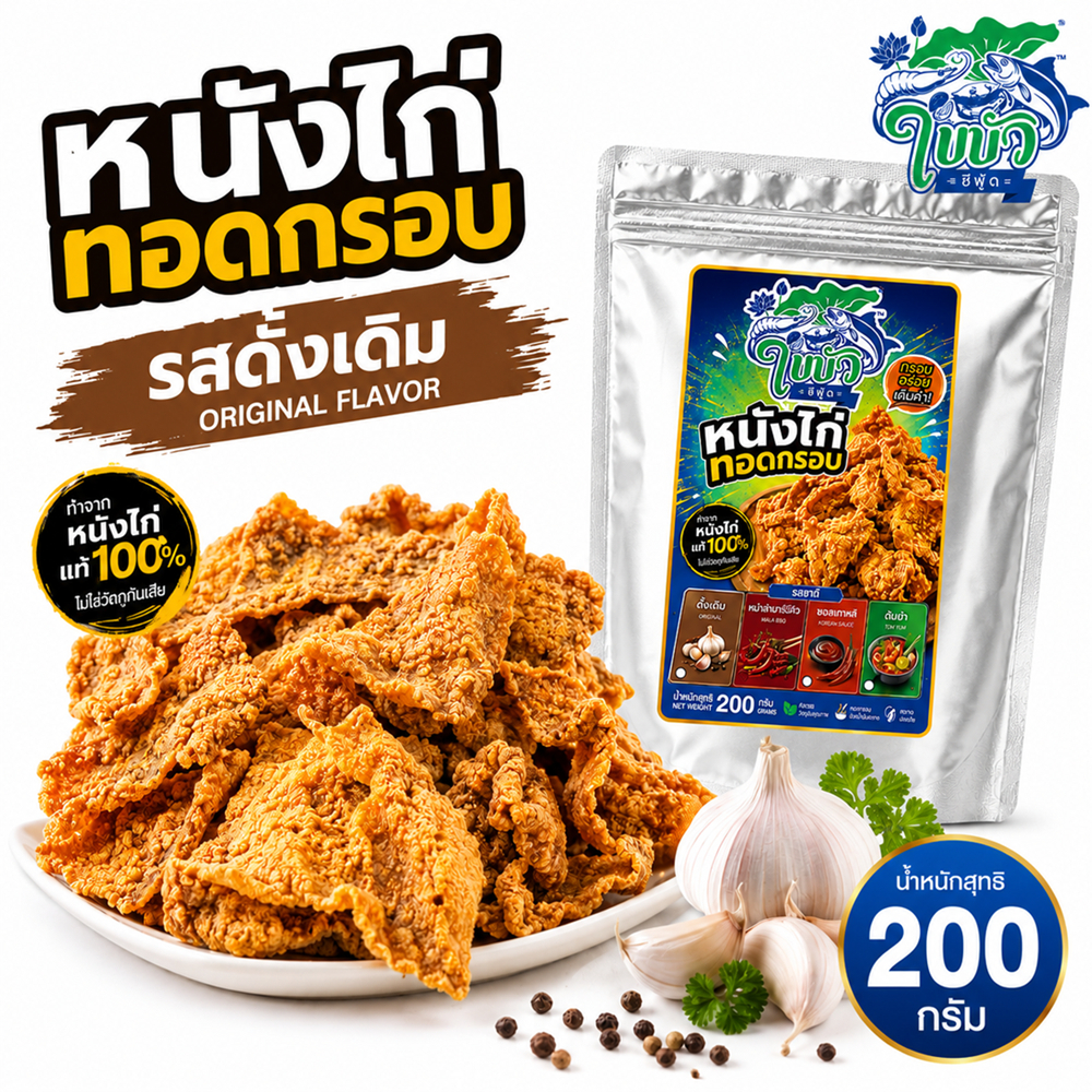 หนังไก่ทอดกรอบ ใบบัว ซีฟู้ด รสดั้งเดิม 200 กรัม หนังไก่กรอบ ขนมทานเล่น ถุงซิปล็อก พร้อมทาน