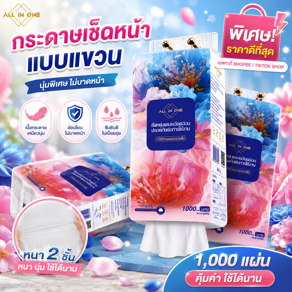 5000แผ่น ~ 5 หิ้ว กระดาษทิชชู่เช็ดหน้าแบบแขวนเยื่อไม้ธรรมชาติหนานุ่ม2ชั้น