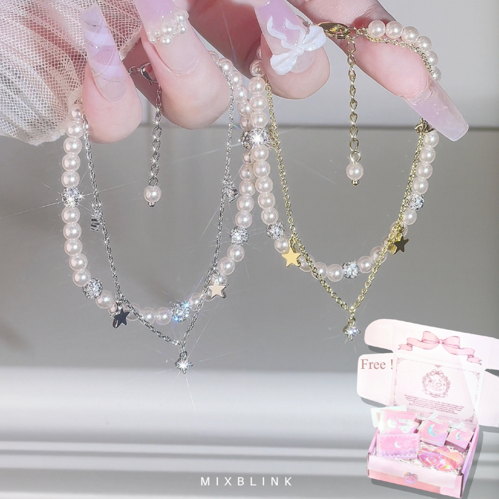 สร้อยข้อมือ ทองเหลืองชุบหนาพิเศษ ♡ รุ่น Pearlista ♡ - ( #E16 ) จี้ดาว มุก มินิมอล เพชร cz MixBlink