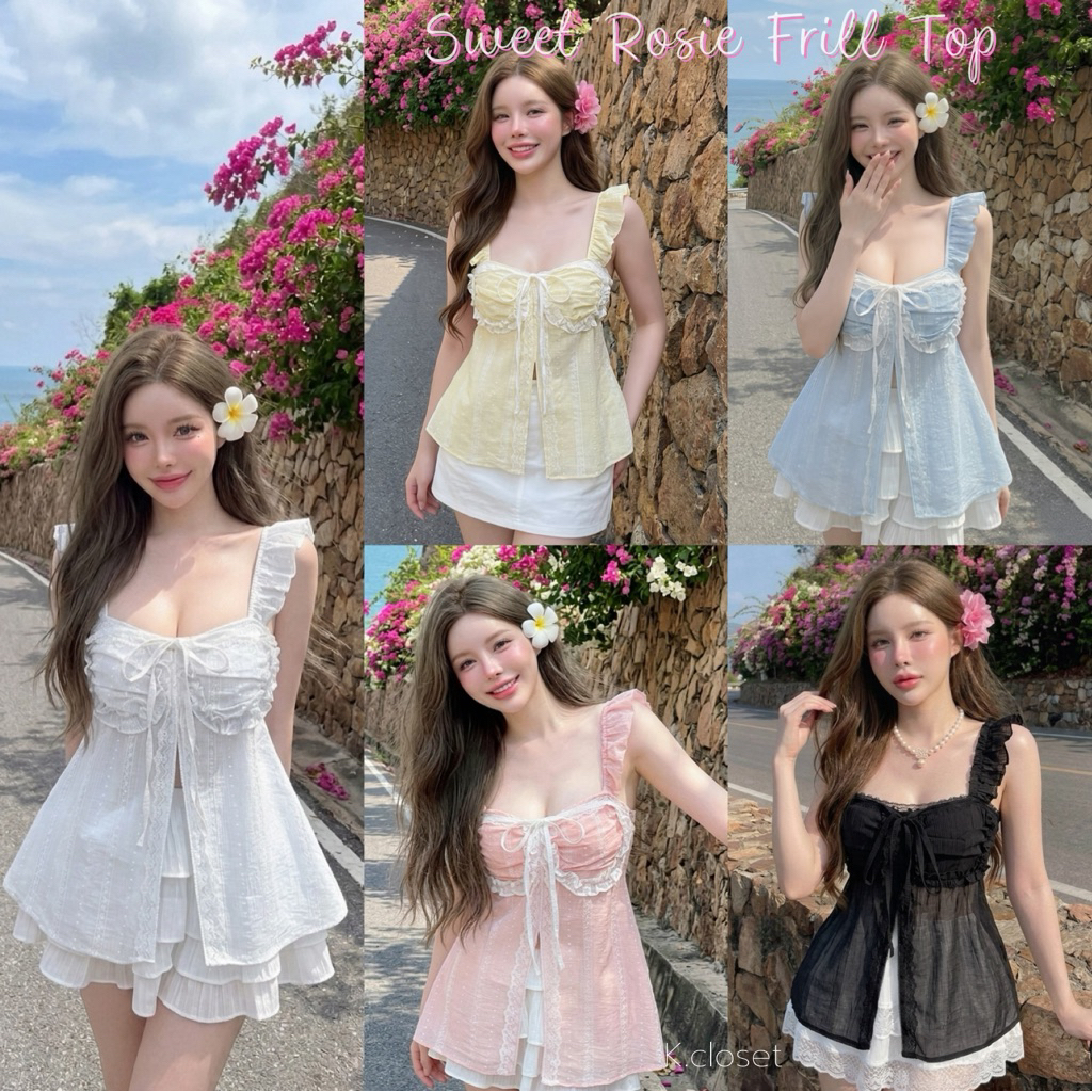 (อก30-42)เสื้อสายเดี่ยวระบายโรซี่ผูกโบว์ สาวอวบใส่ได้อกถึง42 นิ้ว แต่งลูกไม้น่ารัก(เสื้ออย่างเดียว)