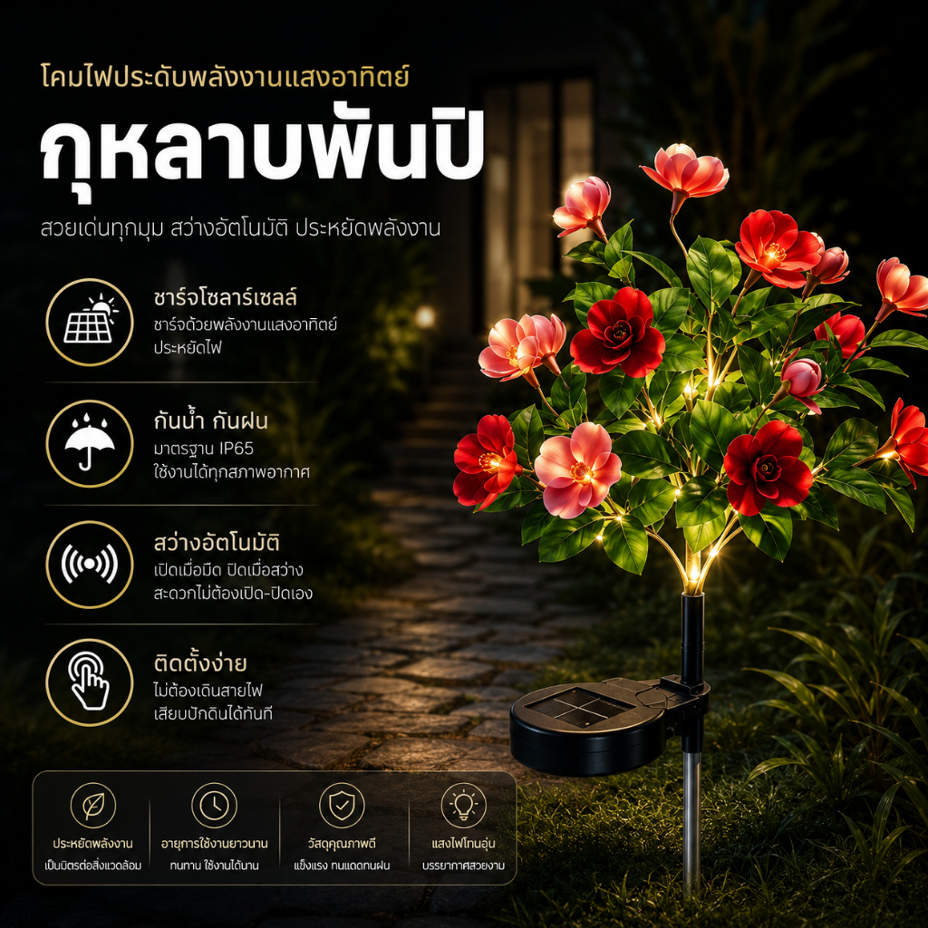 โคมไฟประดับพลังงานแสงอาทิตย์ กุหลาบพันปี สำหรับตกแต่งสวนและสวนหยด