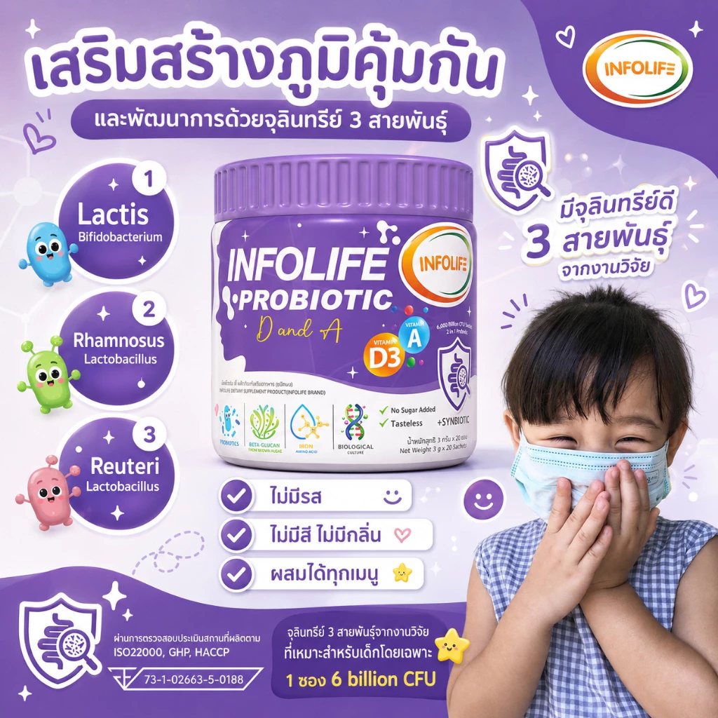 (เซ็ตคู่) อินโฟว์ไลฟ ไฟเบอร์ อิมมู พลัส+โพรไบโอติกส์ ดีแอนด์เอ แก้ท้องผูก เสริมภูมิคุ้มกัน ภูมิแพ้  สำหรับเด็ก ส่งฟรี thumbnail 8