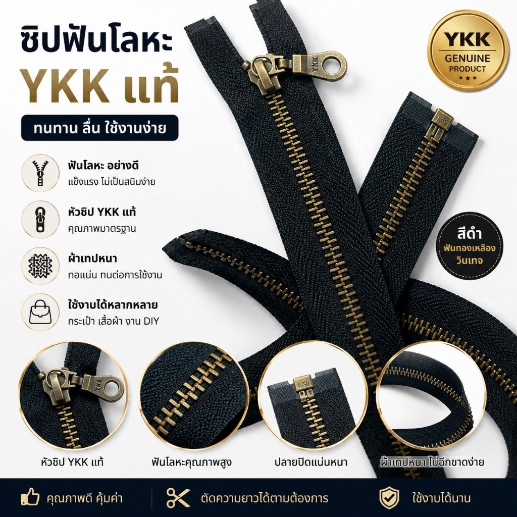 ซิปฟันเหล็กรมดำถอดได้YKKความยาวเช็คในตัวเลือกสินค้า